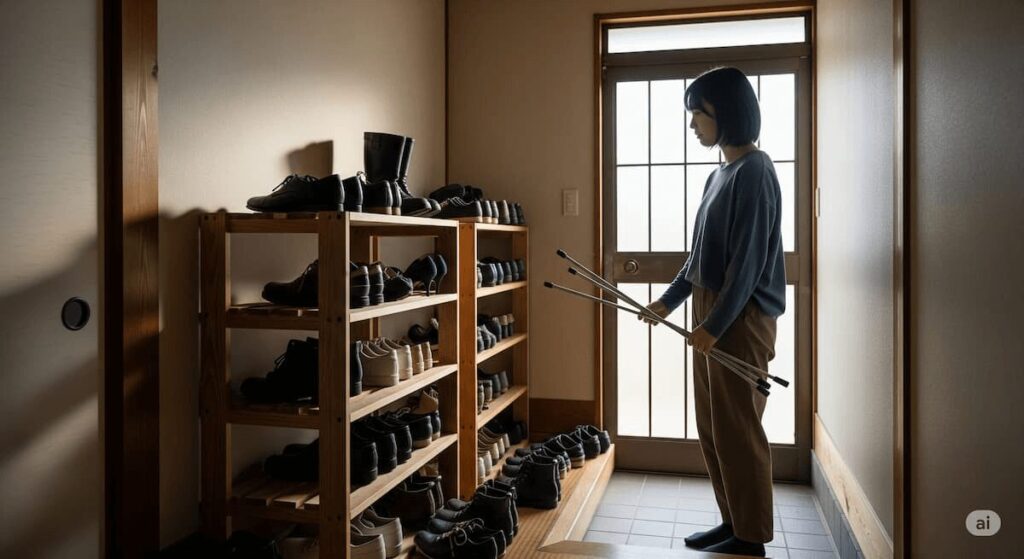 狭い玄関のシューズラック問題は突っ張り棒で!