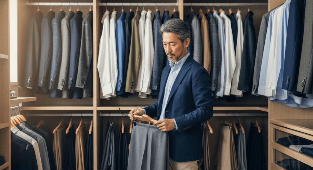 ・インプットした「データB」の以下の見出し（セクション）に適した画像を計10枚連続で作成してください。 ●テキストや文字は一切無い画像にすること。 ●人物画像は日本人にすること。 ●アスペクト比は「16:9」にすること。 ▼見出し（セクション） メンズのワードローブの作り方｜定番服で失敗しない