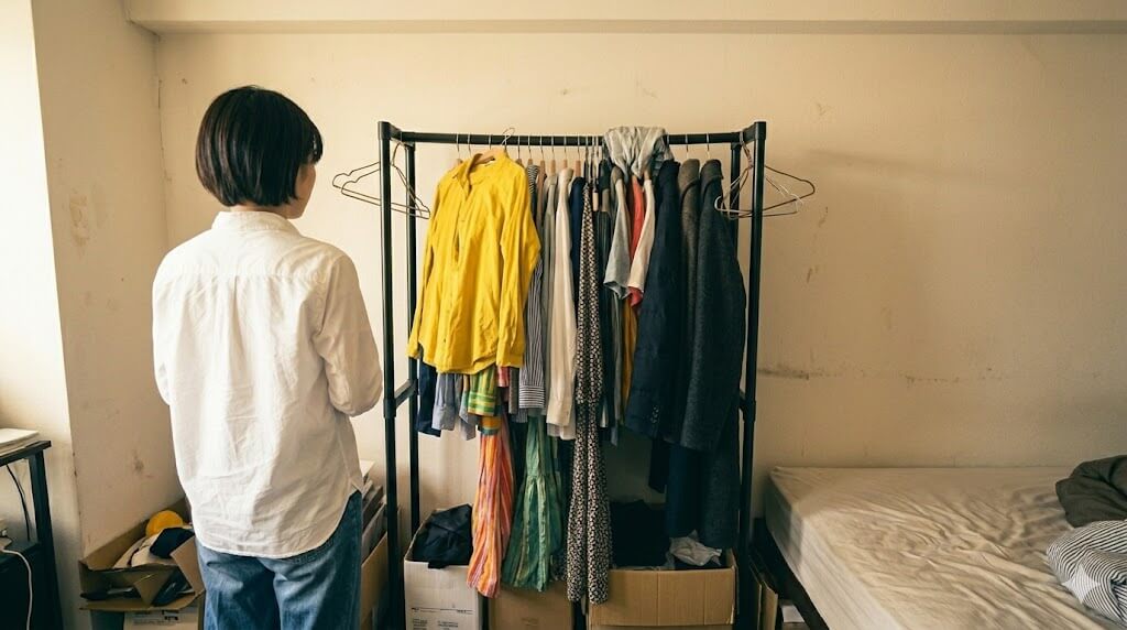 一人暮らしのコンパクトな日本のワンルーム。アジア人の女性が、服が詰め込まれた自立式ハンガーラックの前に立ち、部屋の狭さとラックの圧迫感を感じている。
