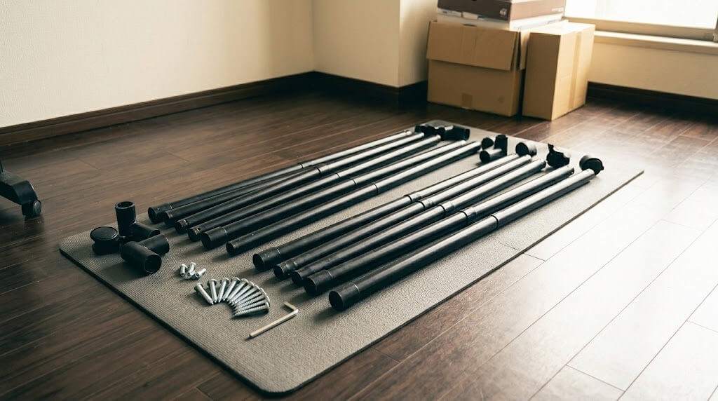 不要になったスチール製のハンガーラックを、部屋の床の上でコンパクトに解体・分解し、ジョイント、パイプ、ネジなどを分別して自治体のゴミ出しルールに合わせて処分する準備をしている様子。近くに簡易工具。